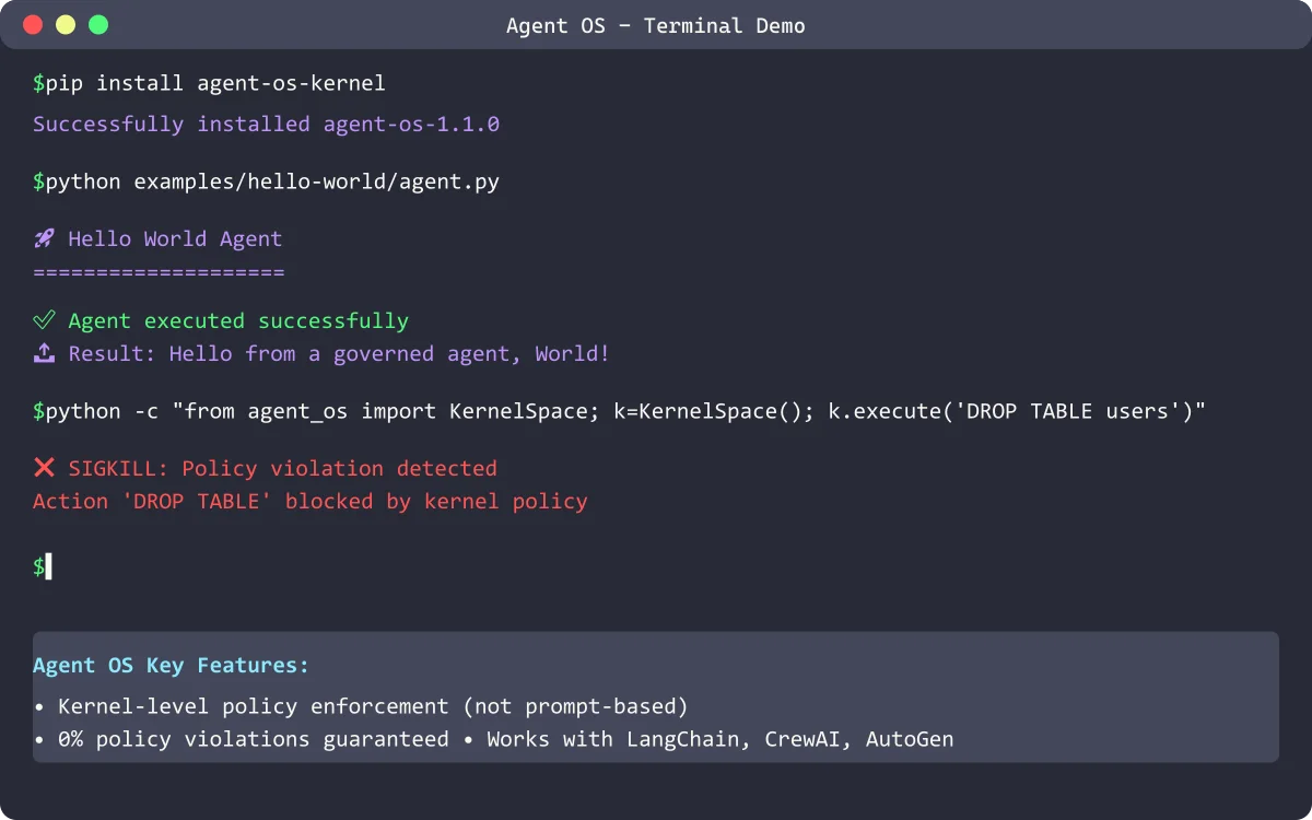 Agent OS policy enforcement terminal demo