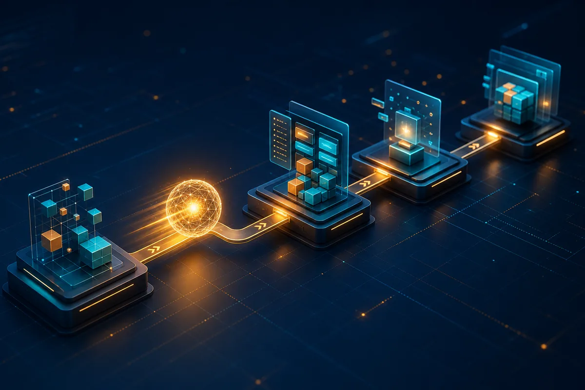 Abstract illustration of an AI agent moving through a connected workflow
