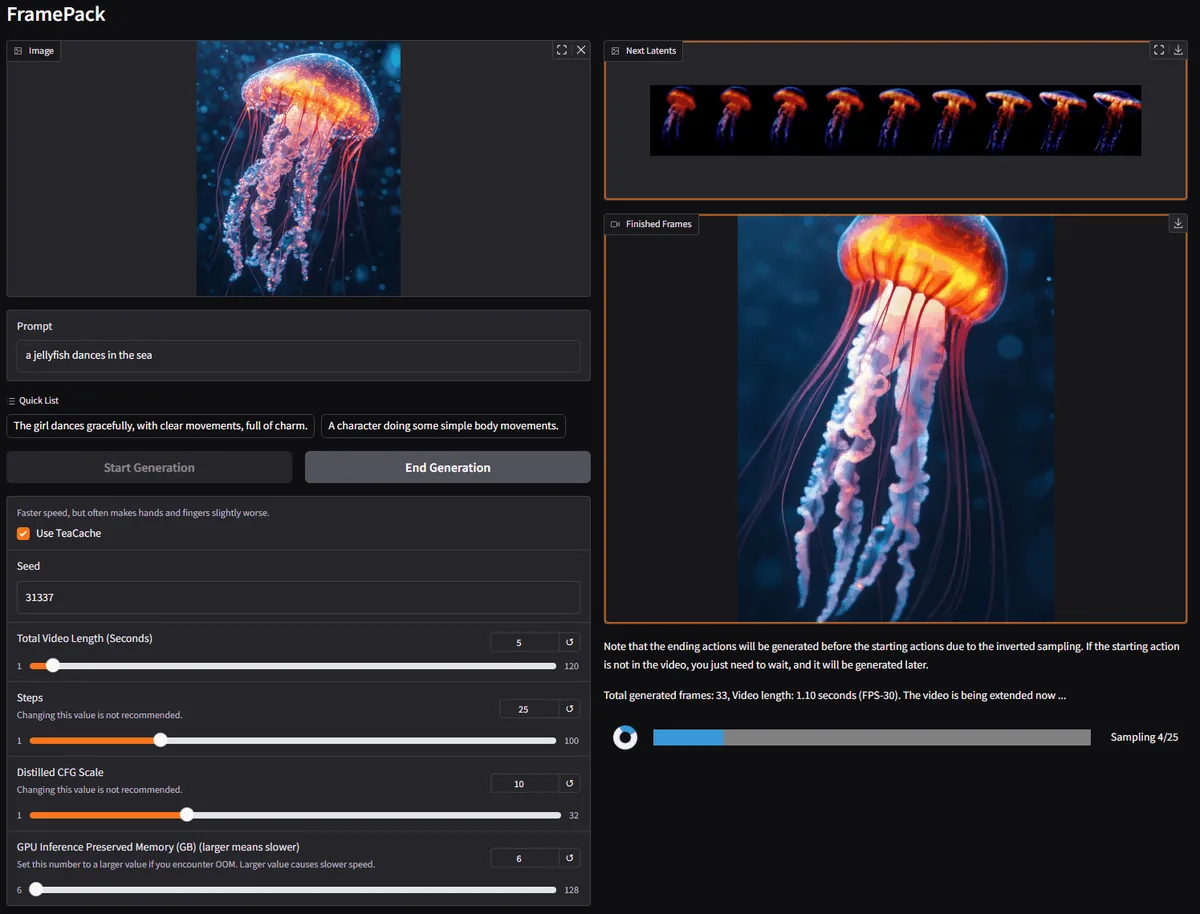 FramePack video generation interface