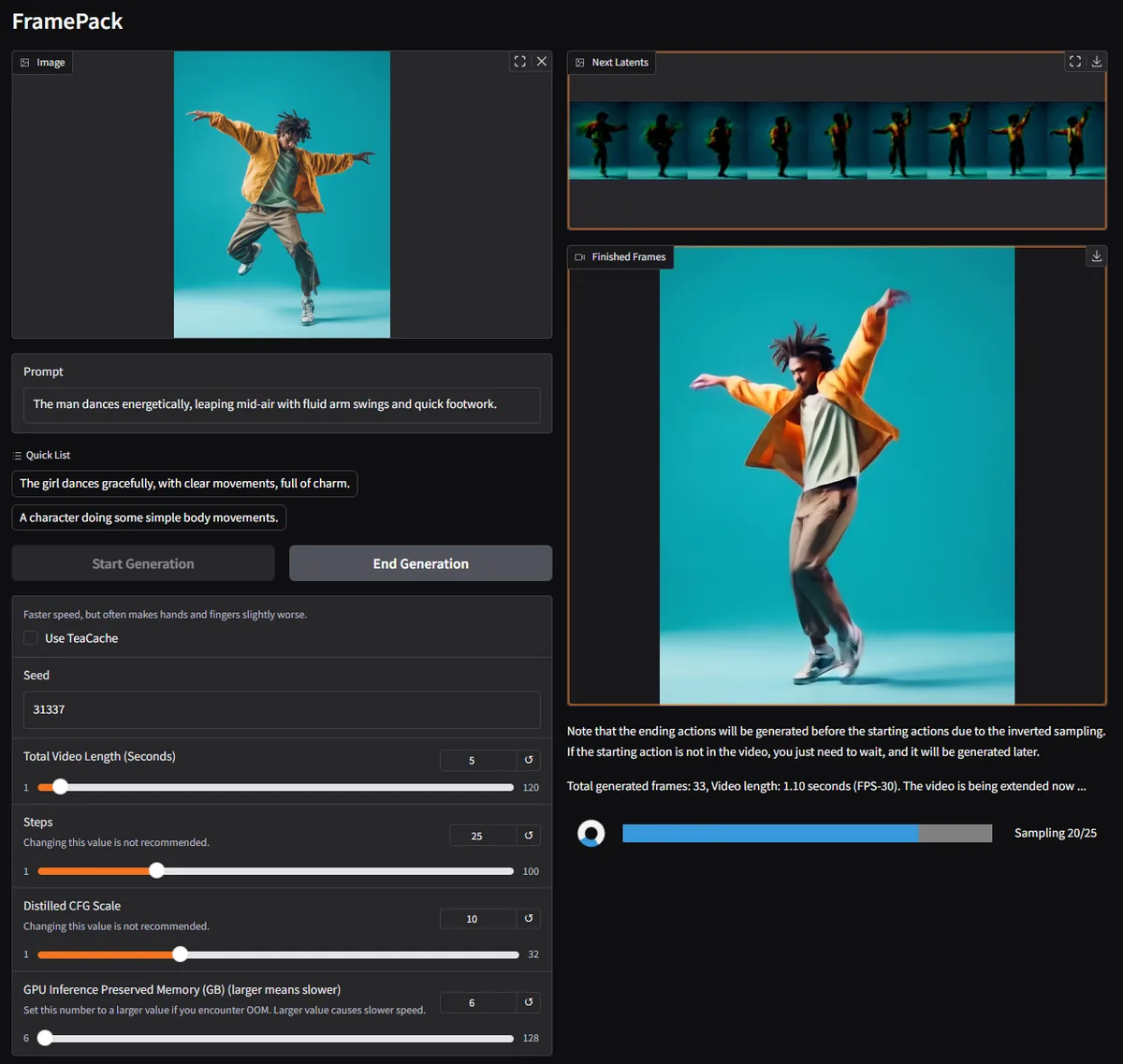 FramePack generated video example frame