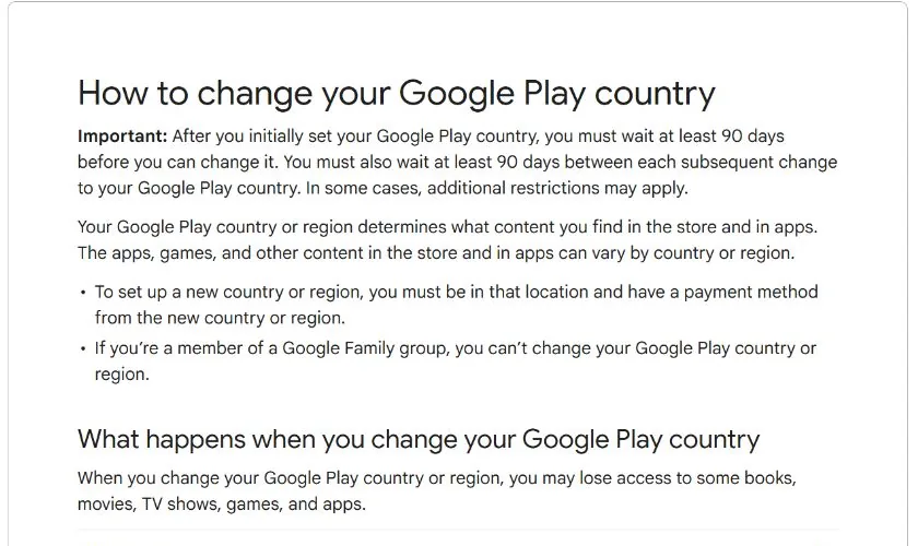 Google Play Help requirements for changing Play country