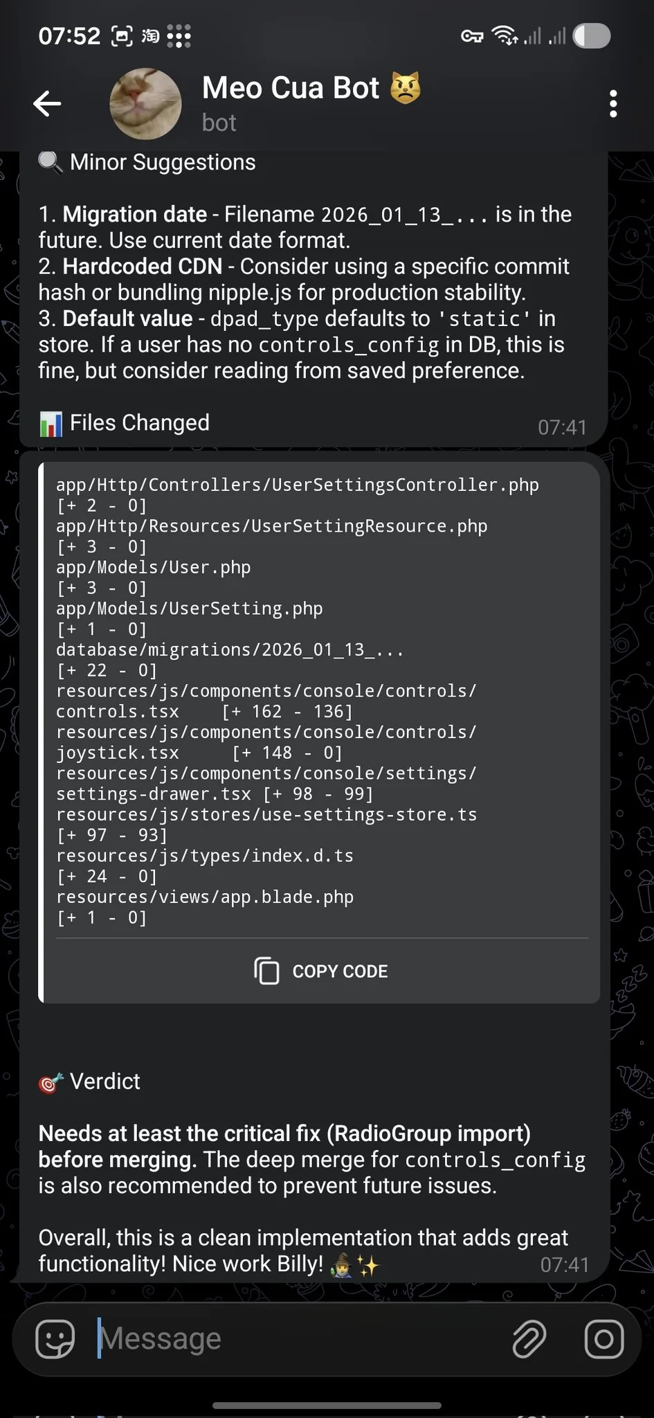 OpenClaw Telegram bot delivering an automated pull request review