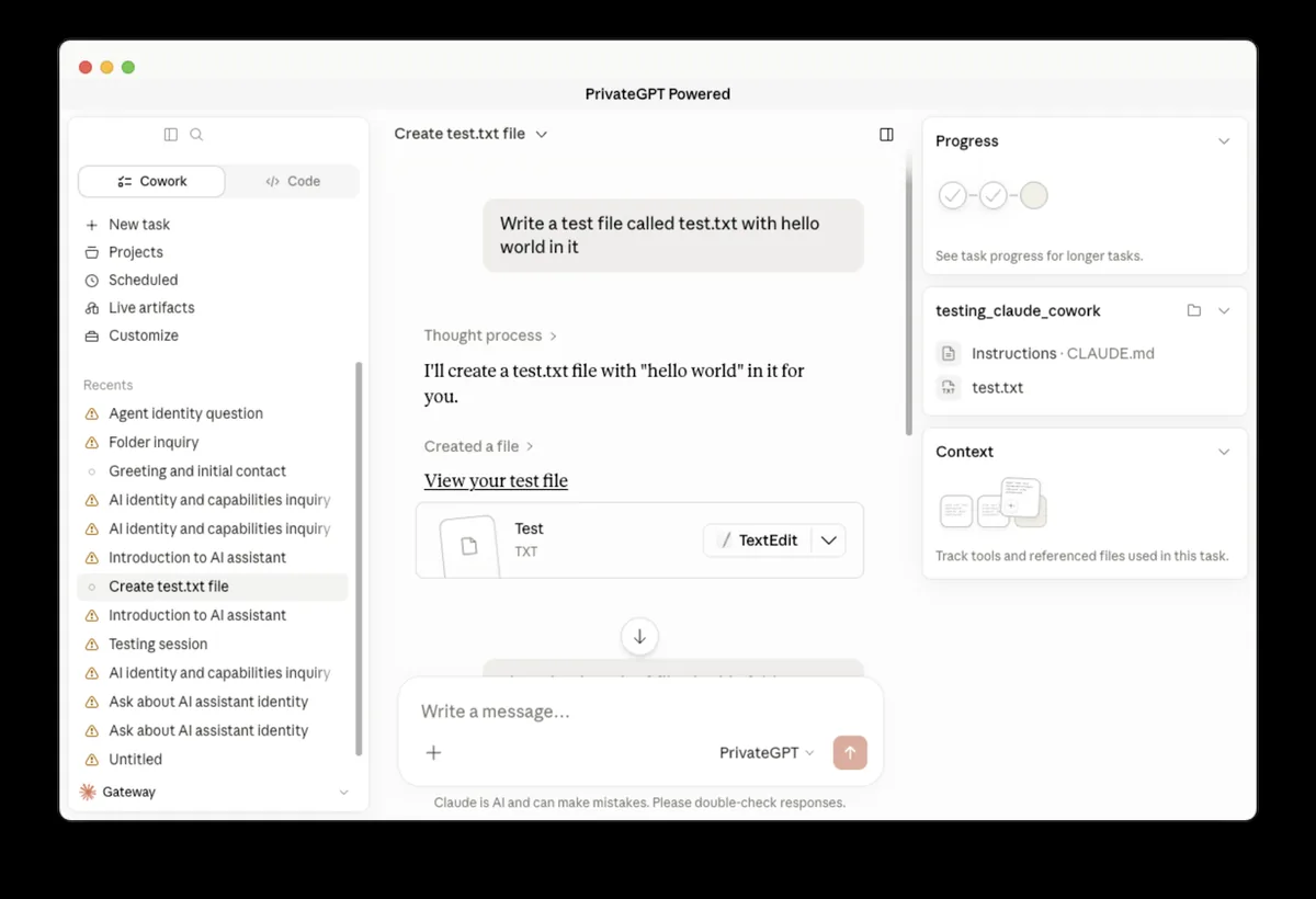 PrivateGPT Claude cowork integration