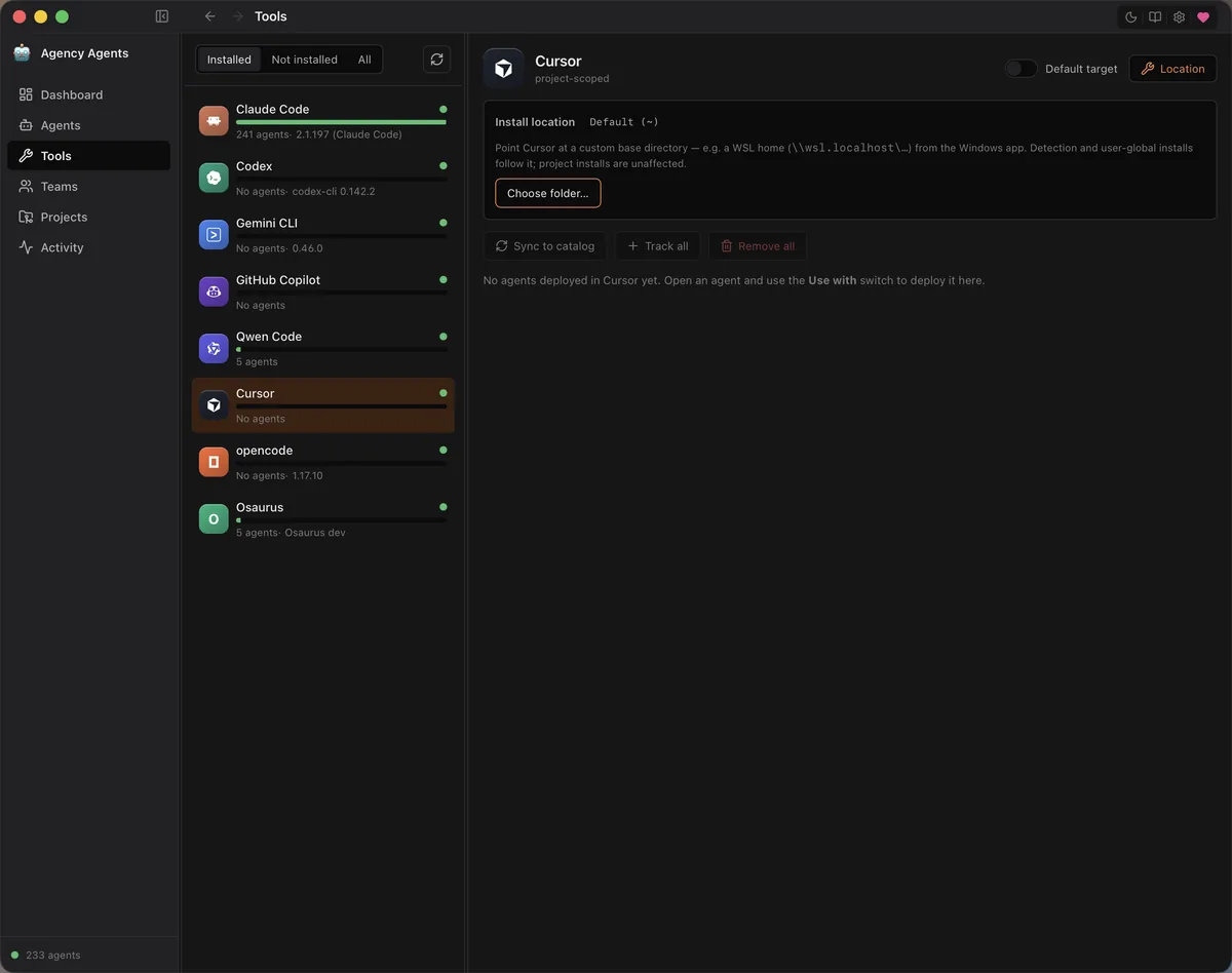 Agency Agents settings panel for configuring a custom install path for an AI tool