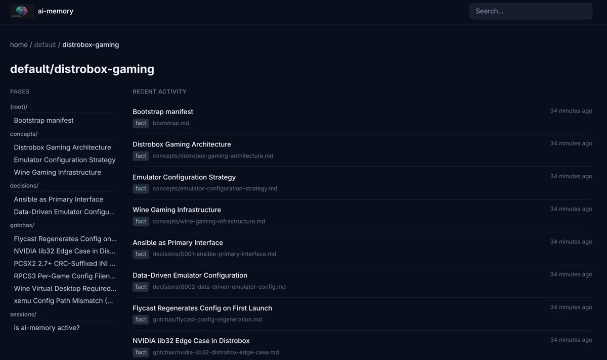 Official ai-memory Web UI showing a project tree and rendered memory pages