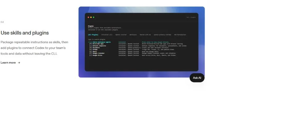 Official Codex documentation showing skills and plugins in the CLI