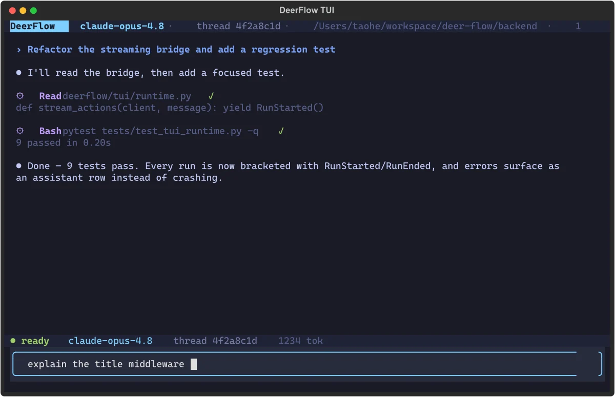 DeerFlow terminal workbench completing a coding task and test run