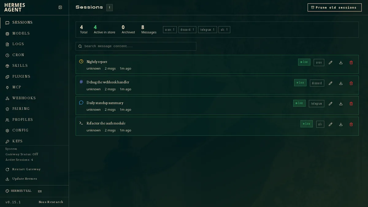 Official Hermes Agent dashboard showing persistent sessions across CLI, cron, Discord, and Telegram