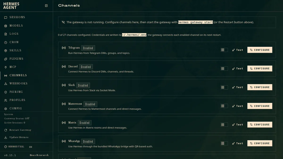 Official Hermes Agent dashboard showing messaging channel configuration