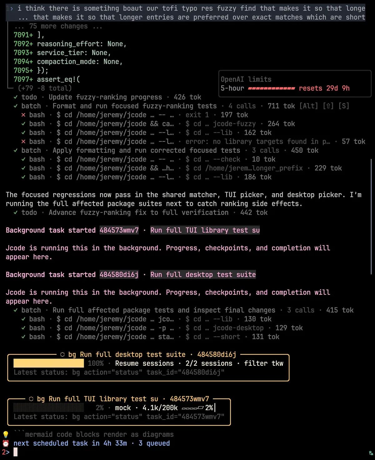 jcode terminal interface showing live progress for a long-running background task