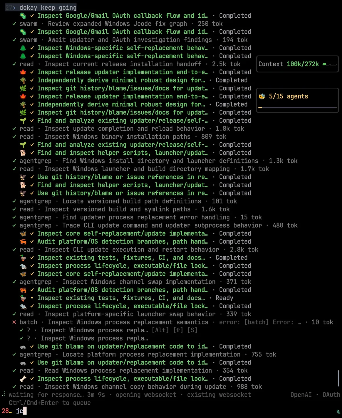 jcode coordinating a deep multi-agent investigation in a shared development workspace