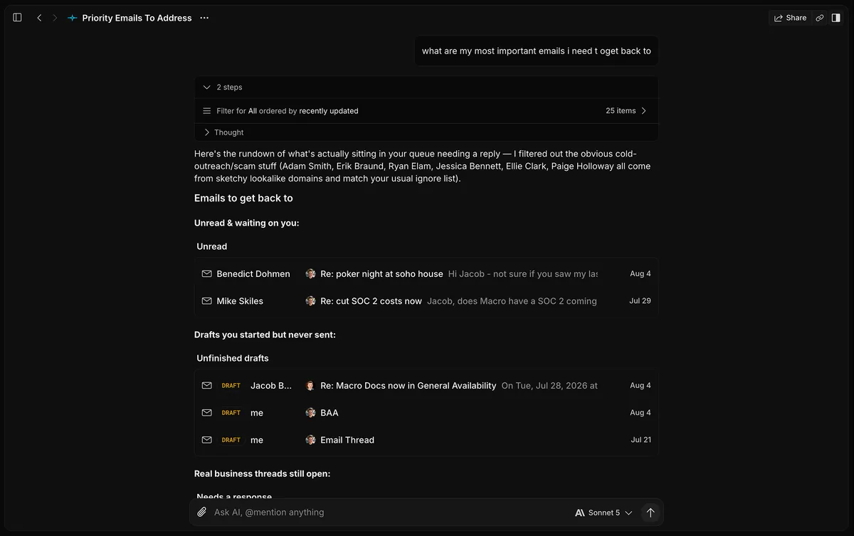 Macro official AI agent interface working with company email context