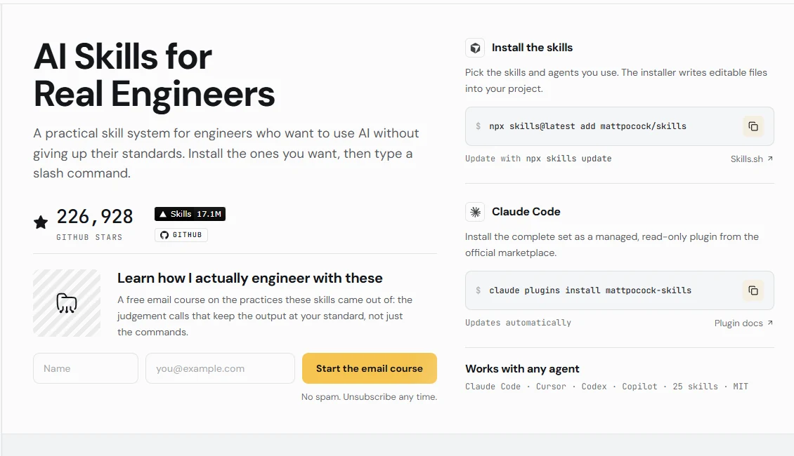 Official Matt Pocock Skills page showing installation choices for editable skills and the managed Claude Code plugin