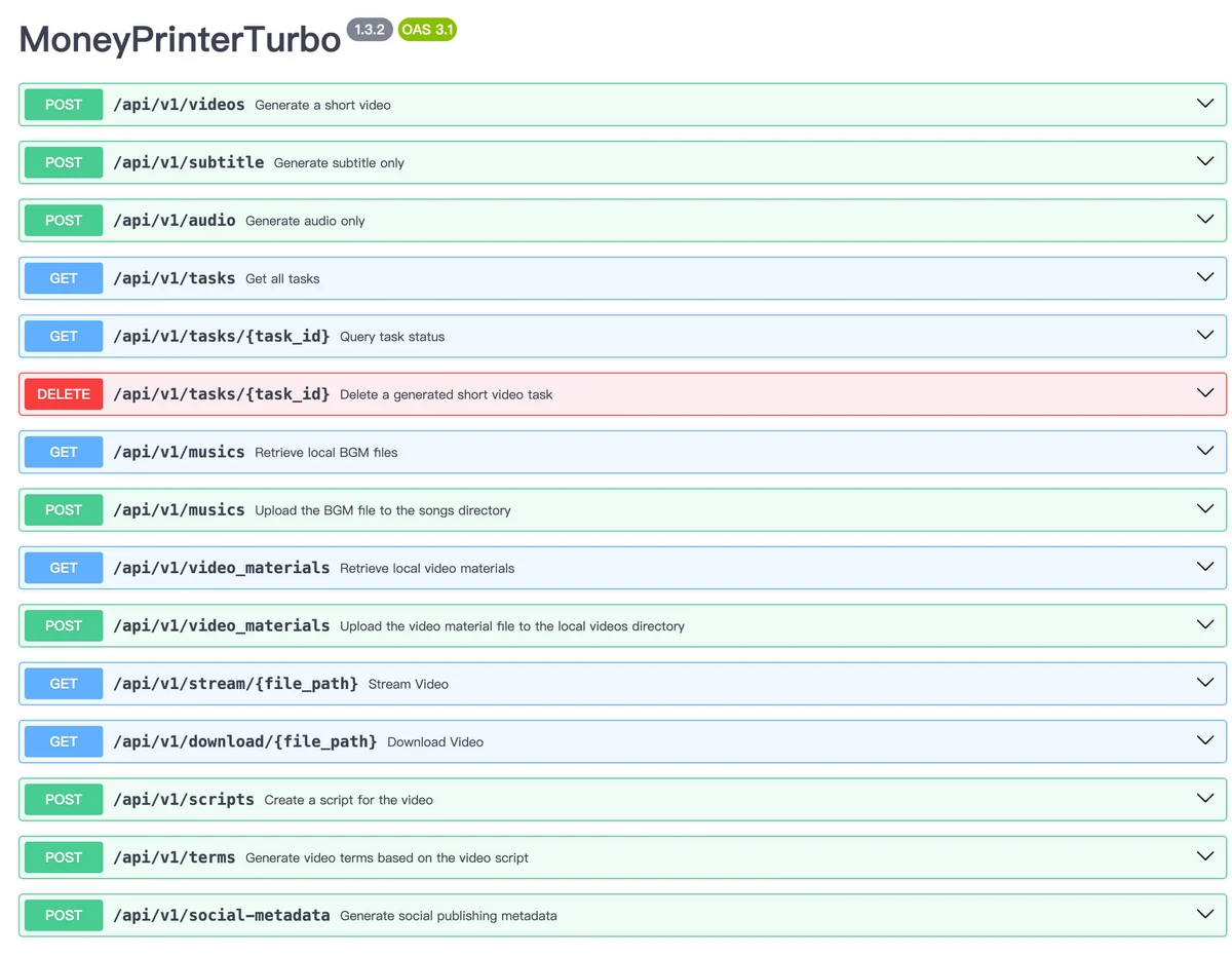 Official MoneyPrinterTurbo OpenAPI interface with video, subtitle, audio, task, and material endpoints