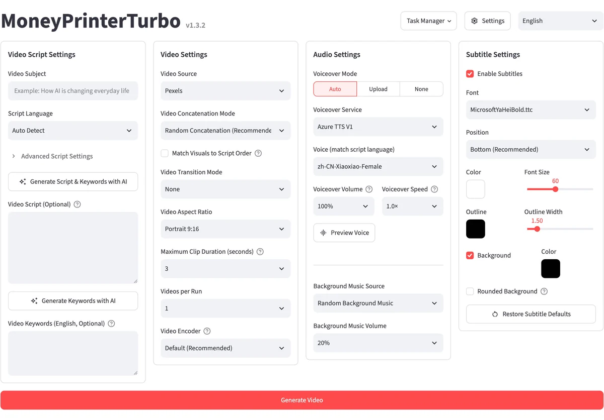 Official MoneyPrinterTurbo WebUI showing script, footage, voice, subtitle, and video settings