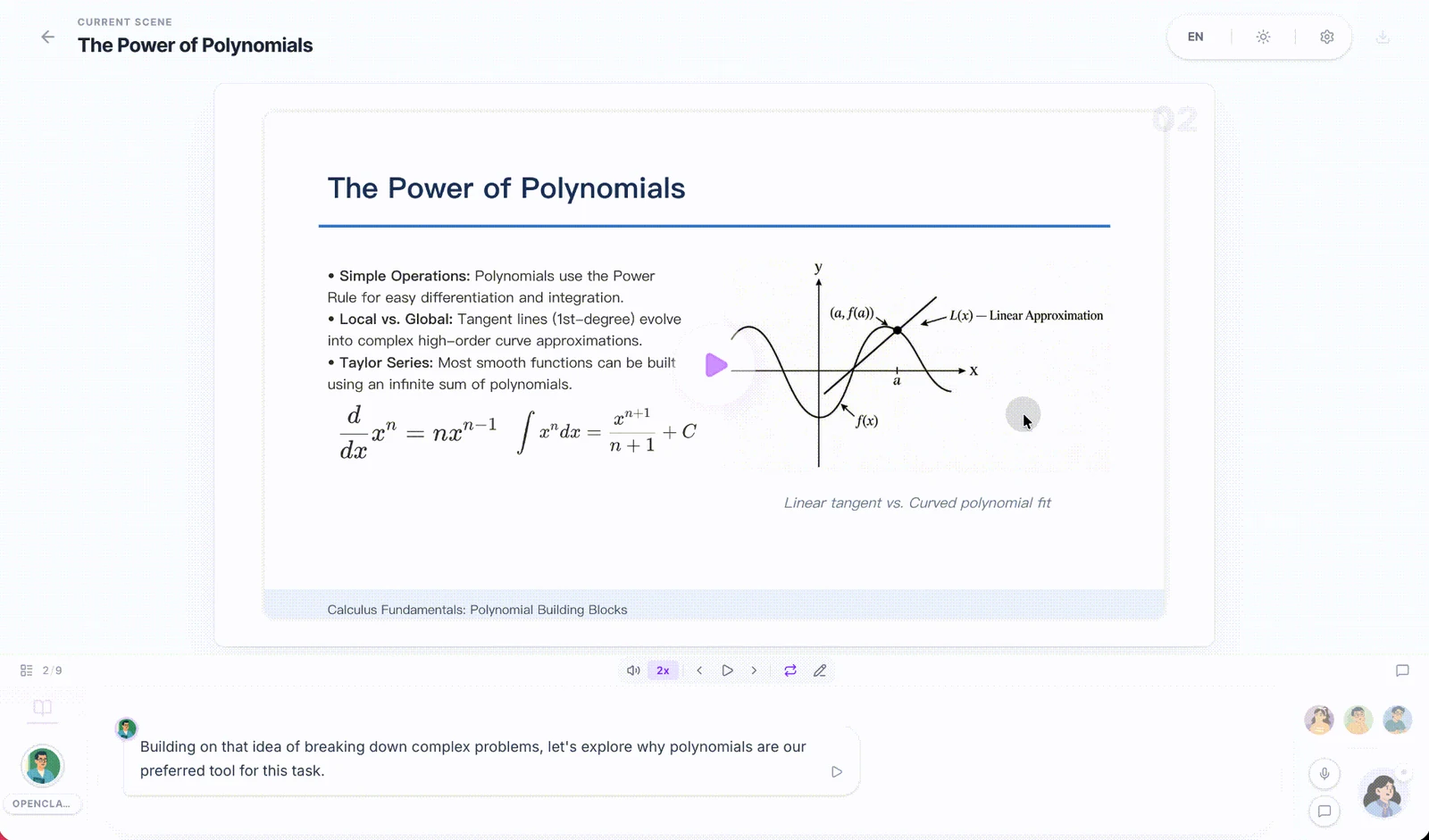 OpenMAIC classroom showing a generated polynomial lesson slide, agent participants, and narration controls