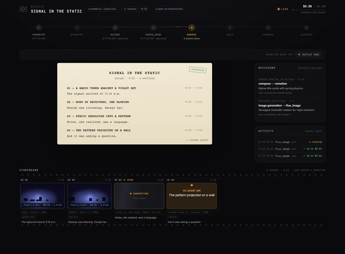 Official OpenMontage Backlot board showing live video production stages and project activity