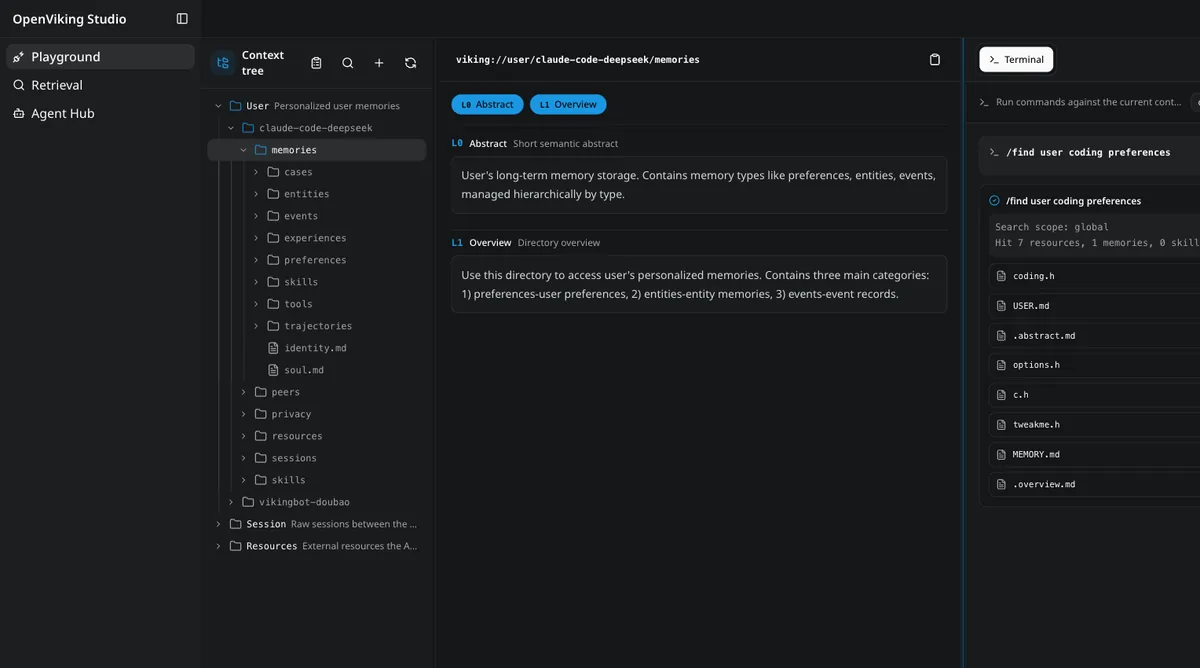 Official OpenViking Studio playground showing resources, the viking URI tree, and context details