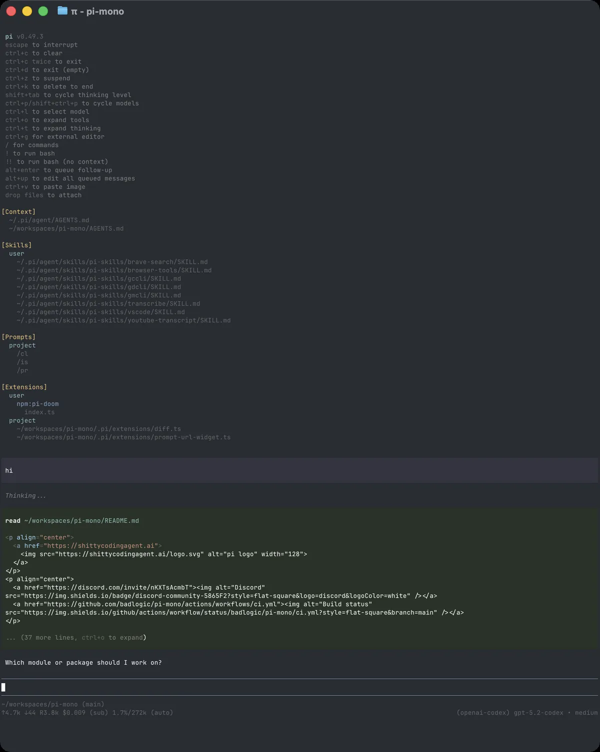 Prime Agent terminal interface showing context, skills, tool output, and an active coding session