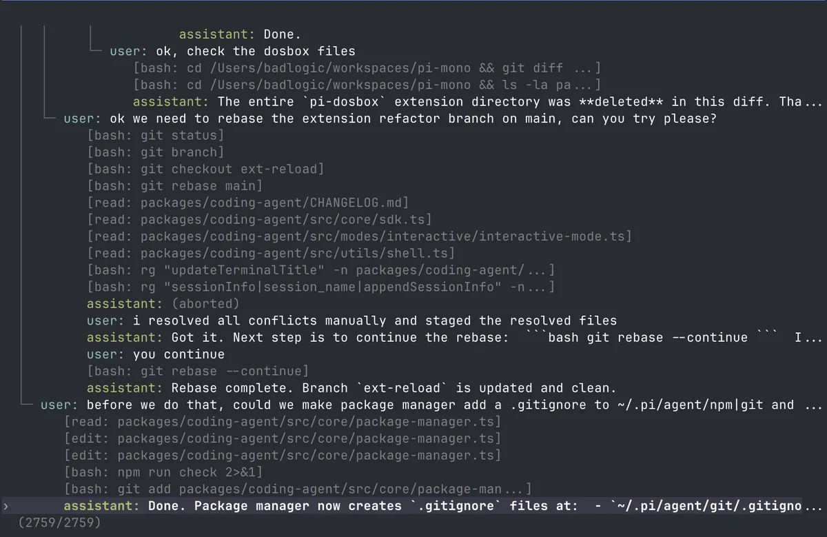 Prime Agent session tree showing a long coding conversation and tool activity