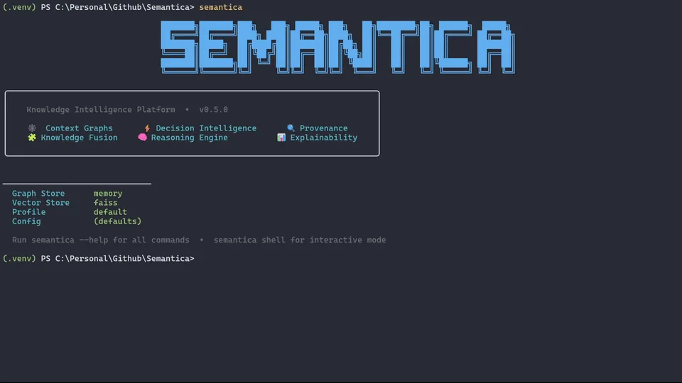 Semantica official command line interface showing local graph and vector store status