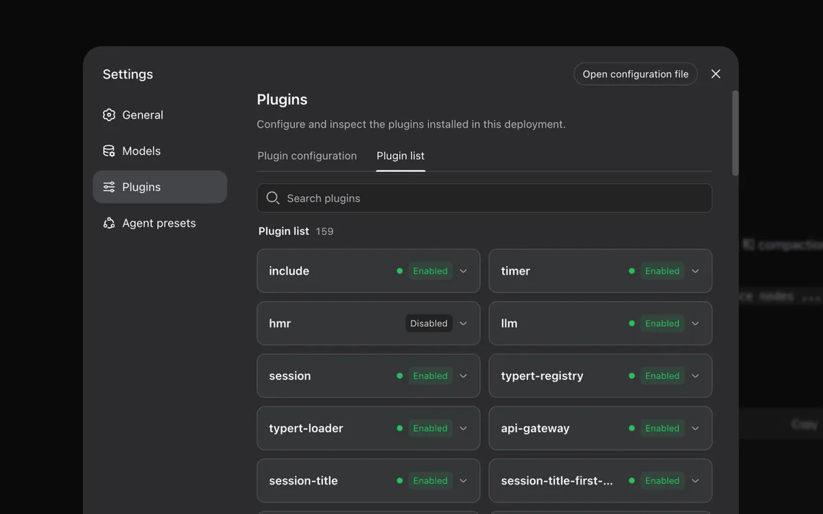 DeepSeek Harness settings interface showing installed plugins and their enabled status