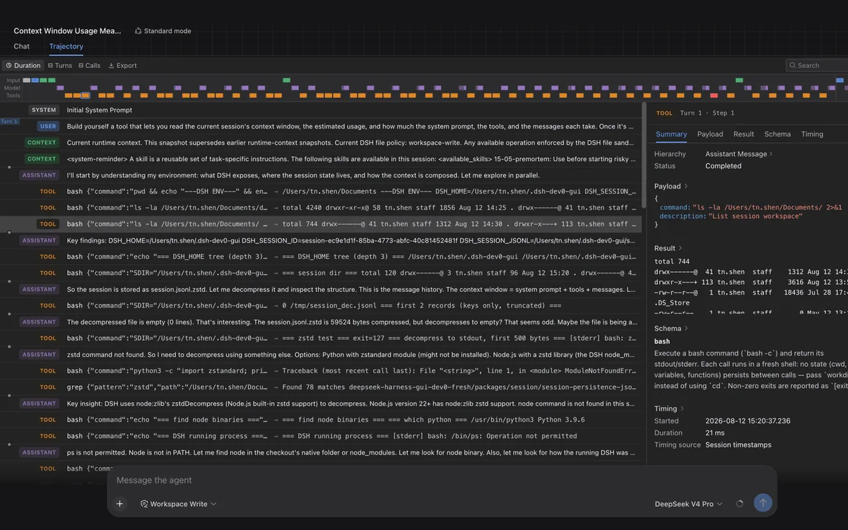 DeepSeek Harness Trajectory interface reconstructing a complete agent run from its session log