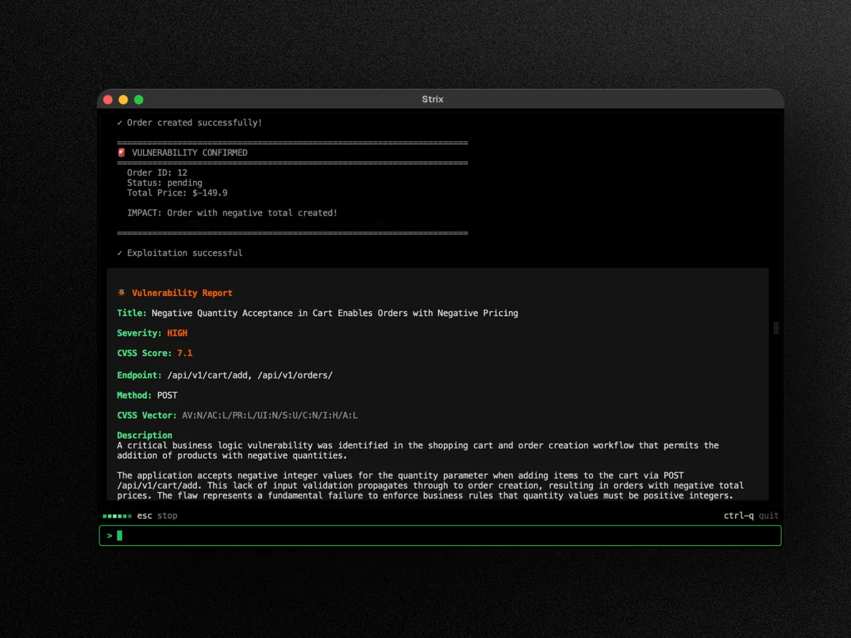 Strix terminal interface showing a validated high-severity business logic vulnerability and its report