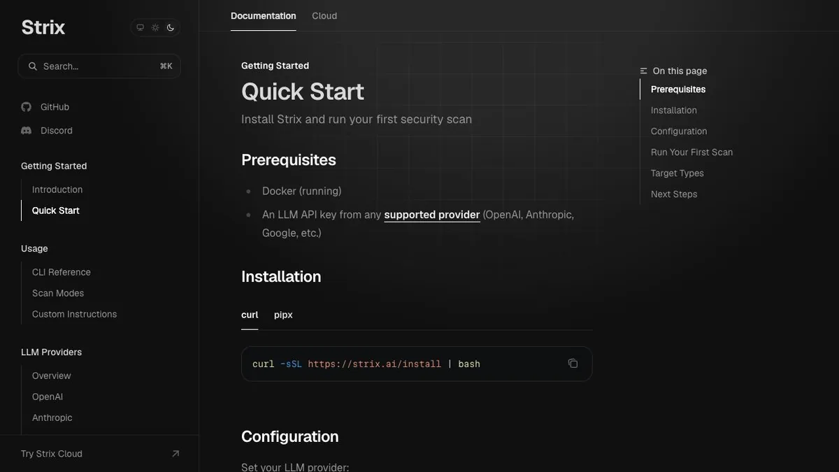 Official Strix Quick Start page showing Docker and LLM prerequisites plus the curl installation command