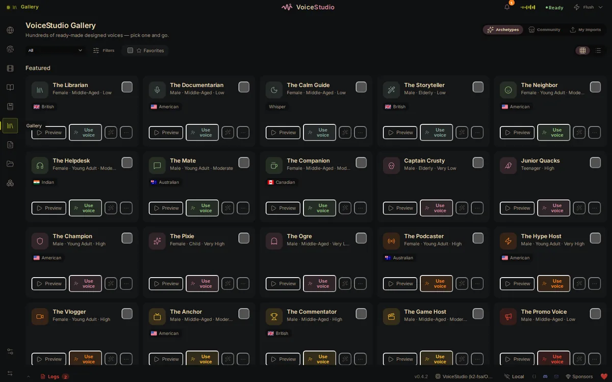 Official VoiceStudio Gallery with ready-made voice profiles for narration and production workflows